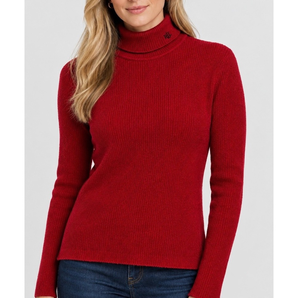 Lauren Ralph Lauren Red Ribbed Turtleneck Sweater Womens XL 100% Cotton Monogram